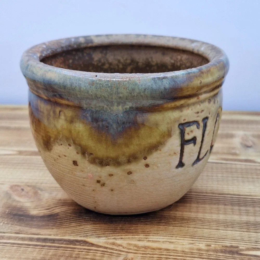 Mini Ceramic‎ Flower Pot Green Glazed Ring On Tan 3.5